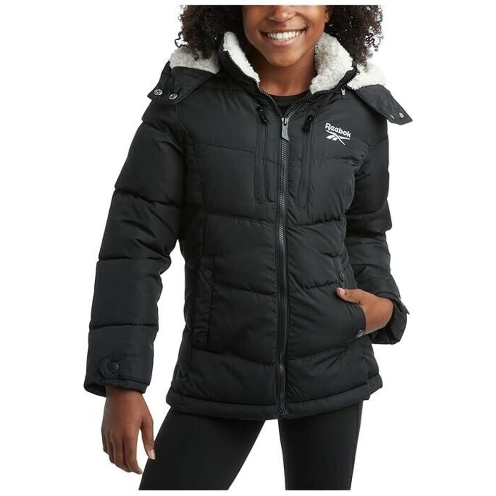 Reebok Women's Puffer Jacket Heavyweight Quilted with Sherpa Lined Hood Collar M